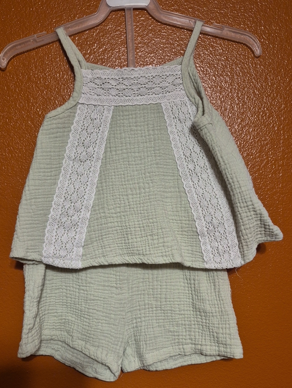 Rachel Zoe Light Sage Gauze Tank and Shorts Set with White Lace Trim